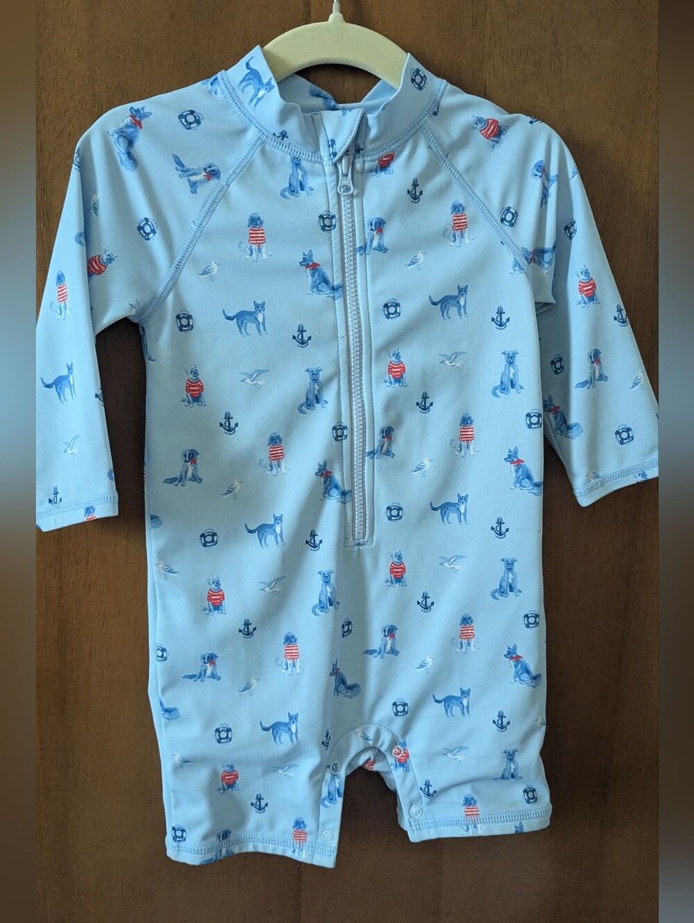 Janie and Jack Light Blue Swim Romper with Dog Accent